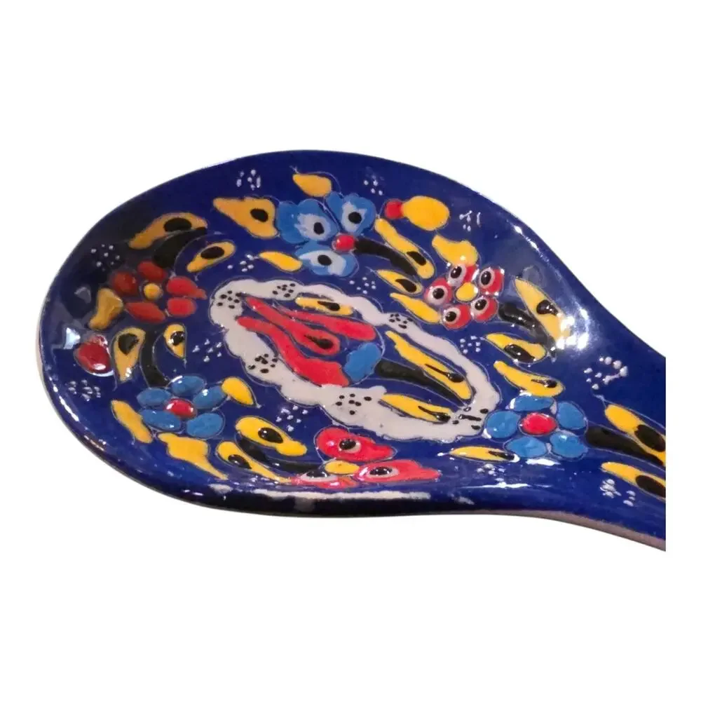 Ceramic Blue Floral Spoon Rest Hand Painted Turkish Kitchen Utensil Holder